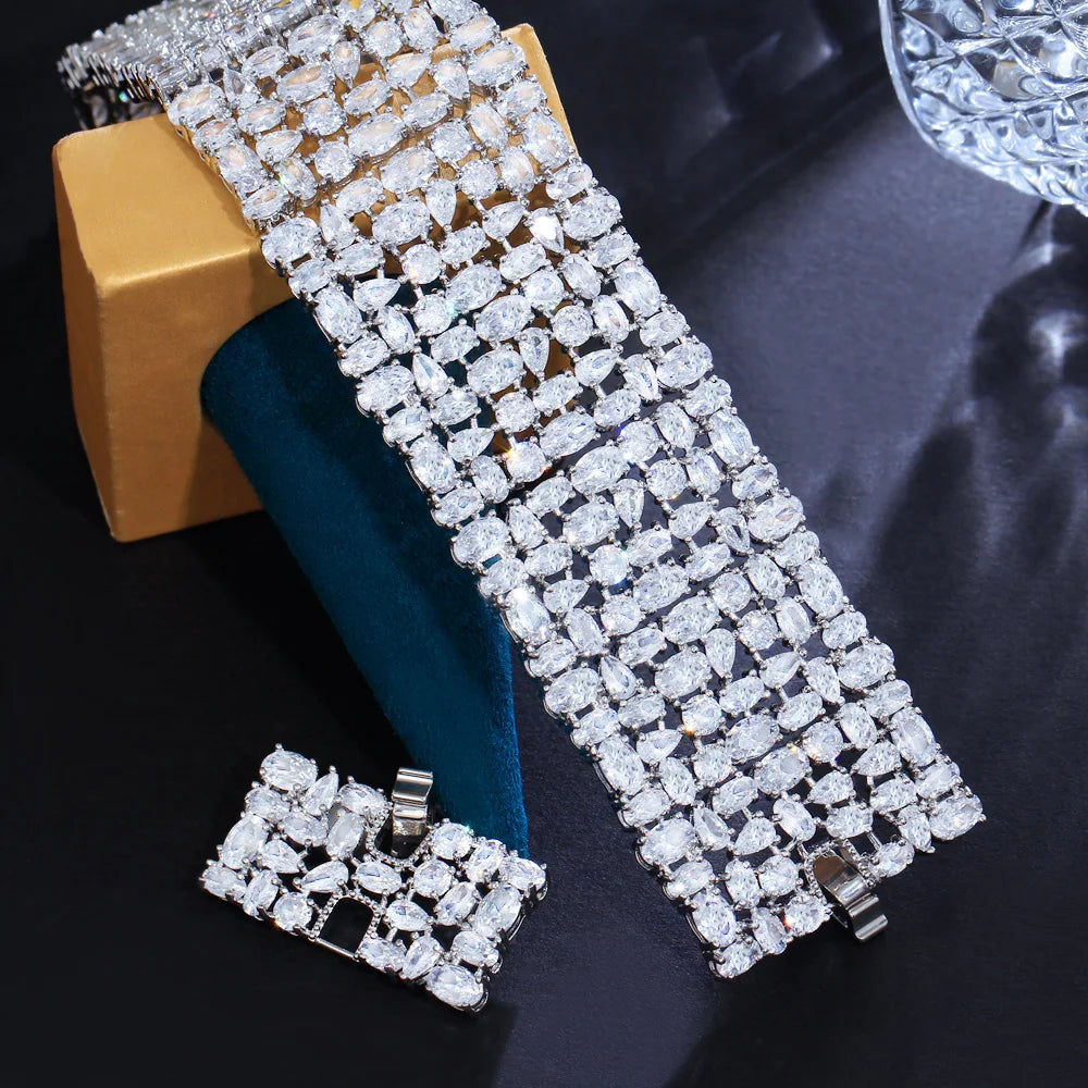 Top Grade Glamorous Cubic Zirconia Pave Statement Chunky Luxury Big Wide Women Wedding Bridal Party Bracelets - EUFASHIONBAGS