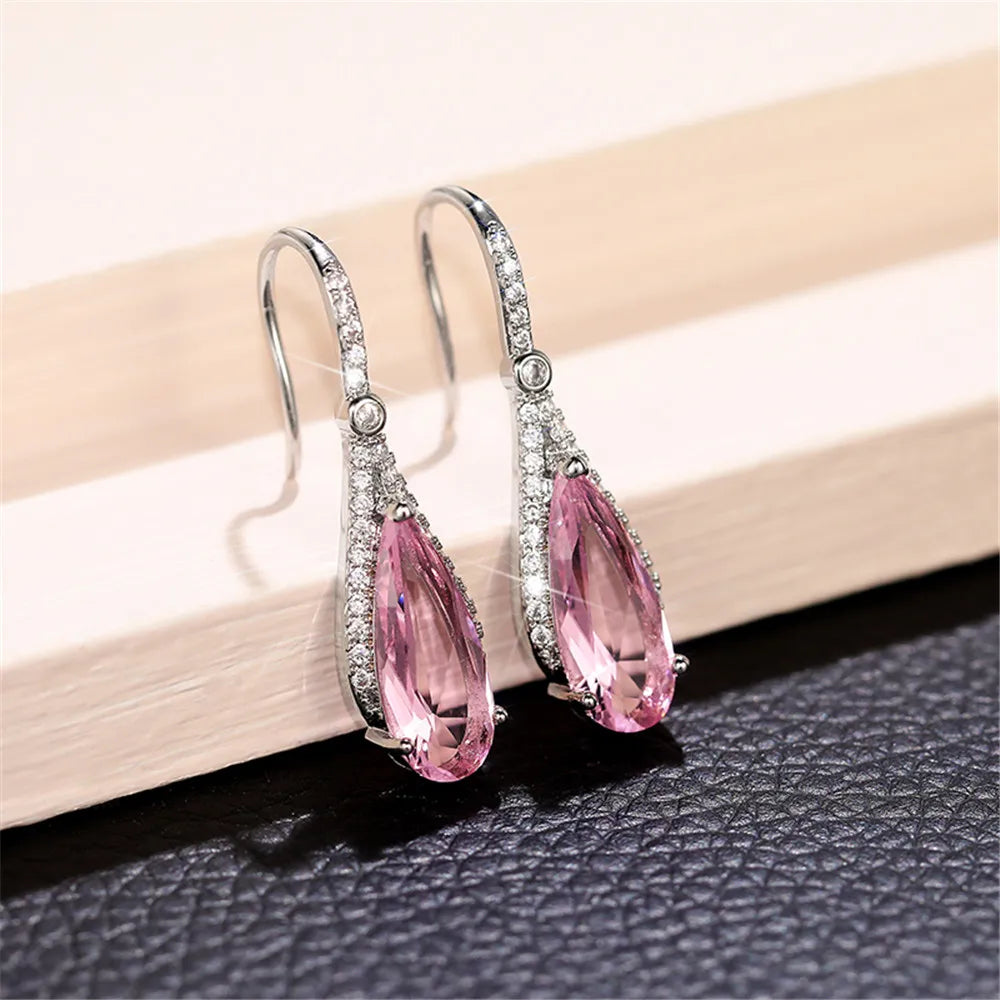 Water Drop Pink Cubic Zirconia Drop Earrings for Women Sparkling Engagement Ear Accessories Temperament Sweet New Jewelry - EUFASHIONBAGS