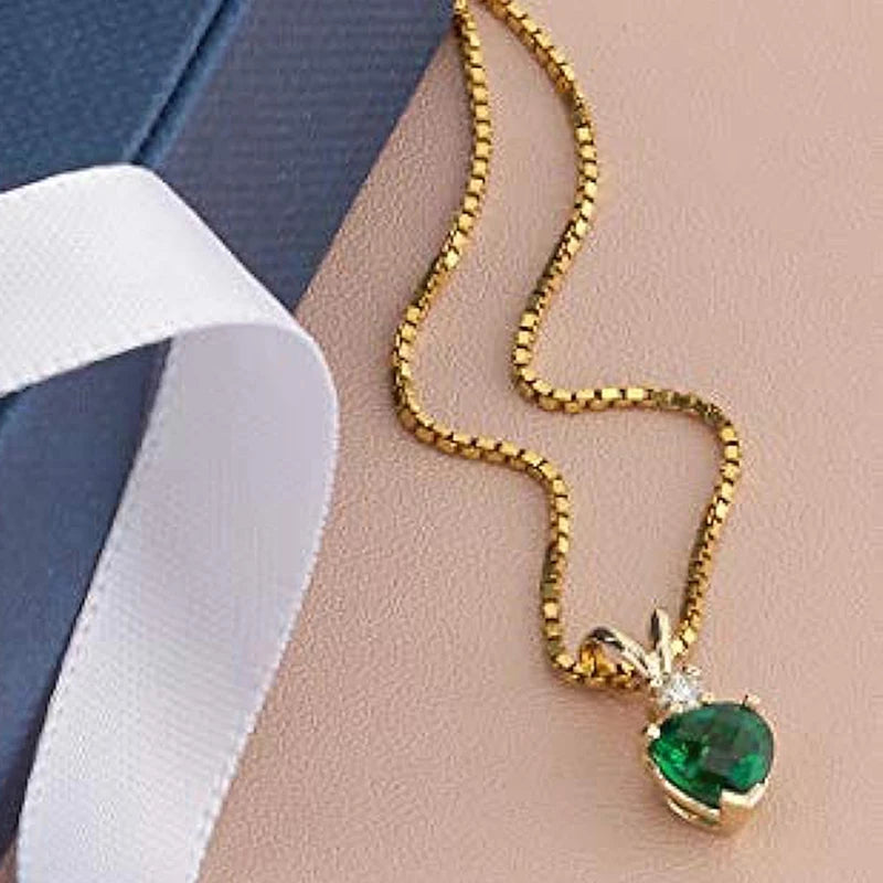 Chic Rabbit Shape Pendant Necklace Lady Bright Green Heart Zirconia Jewelry Box Chains Sweet Women Engagement Accessories - EUFASHIONBAGS