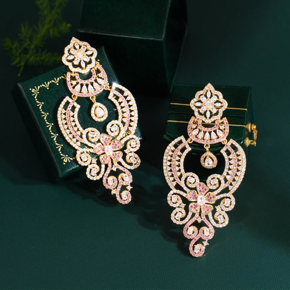 Luxury Statement Pink Red Cubic Zircon Long Big Earrings for Women Vintage Ethinc Wedding Bridal Party Jewelry - EUFASHIONBAGS