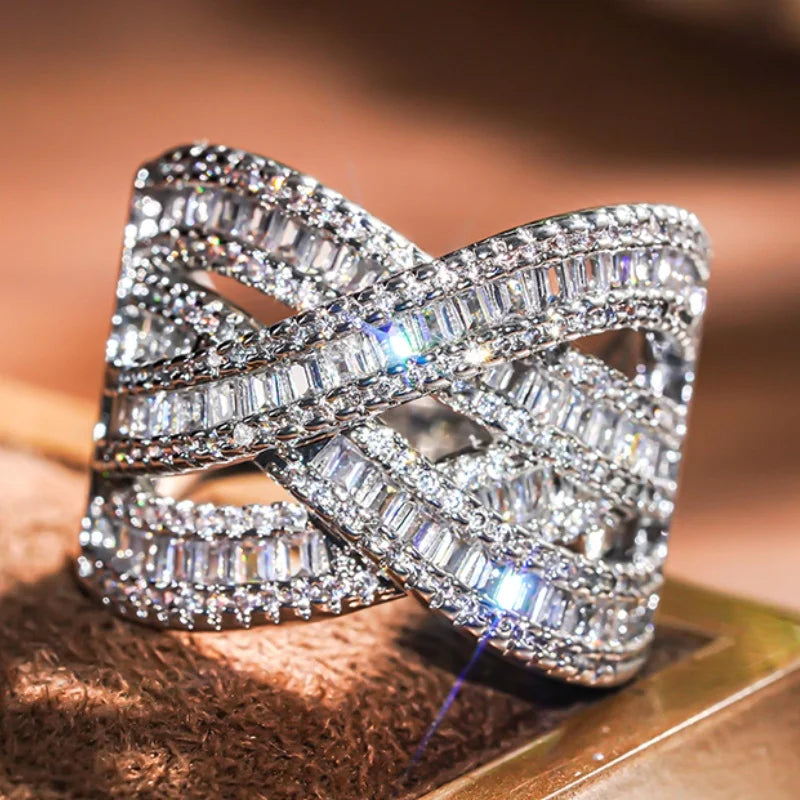 Multi-layer Cross Design Rings Brilliant Cubic Zirconia Hollow-out Women Accessories Aesthetic Wedding Jewelry