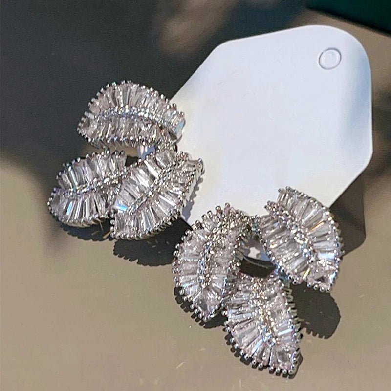 Leaf Pierced Earrings Female Silver Color Bright Zirconia Jewelry for Engagement Party Fashion Chic Accessories - EUFASHIONBAGS