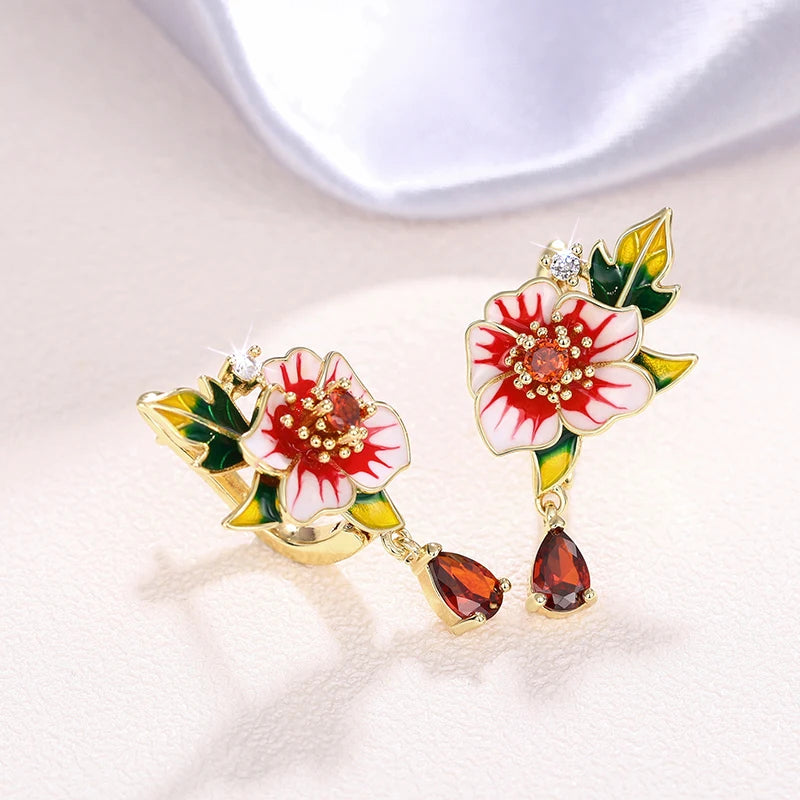 Flower Earrings for Women Red Flower Green Leaf Aesthetic Enamel Earrings Wedding Party Temperament Lady Jewelry