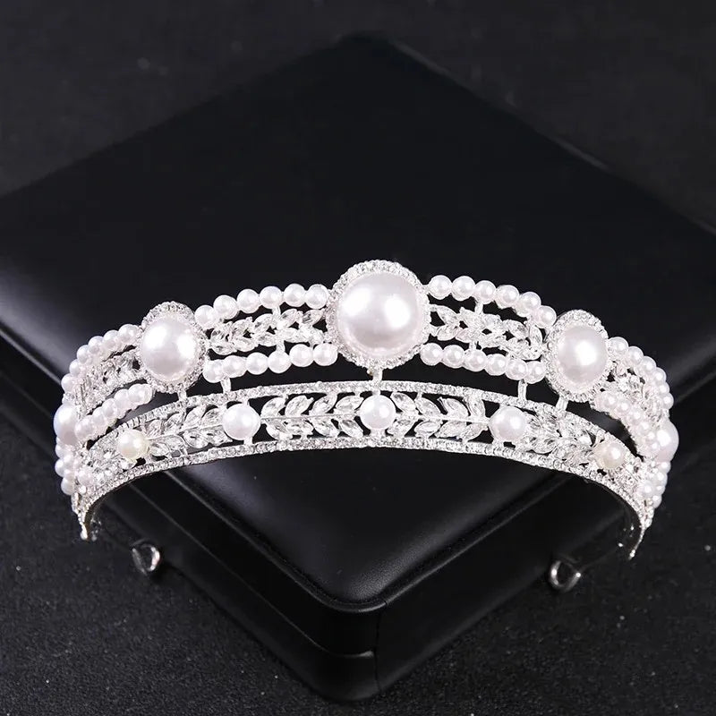 Luxury Silver Color Crystal Pearls Bridal Tiaras Crown Baroque Rhinestone Pageant Diadem Bride Headband Wedding Hair Accessories - EUFASHIONBAGS