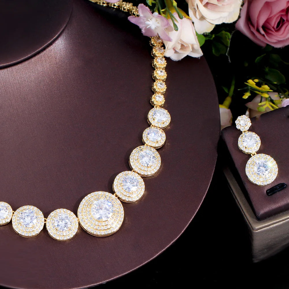 Delicate White Gold Color Round Cubic Zirconia Wedding Festive Costume Necklace Earrings Bridal Jewelry Sets