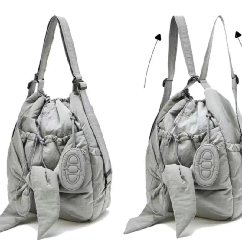 Hot Girls Nylon Grey Handbag Y2k Women Retro Bow Large Casual Backpack Female Sweet Cool Backapcks Aesthetic - EUFASHIONBAGS