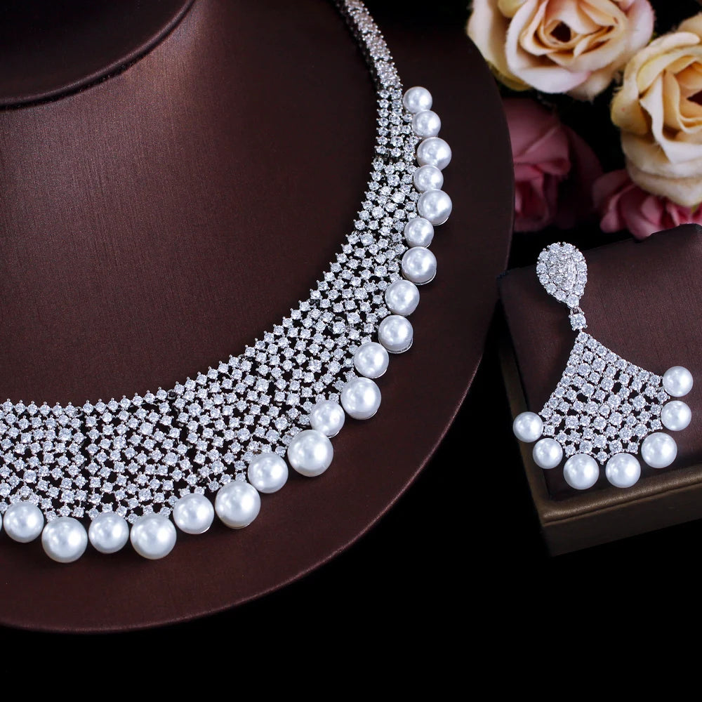 Luxury Top Cubic Zirconia Pave Chunky Big Wide Wedding Bridal Pearl Necklace Festive Jewelry Sets for Women - EUFASHIONBAGS