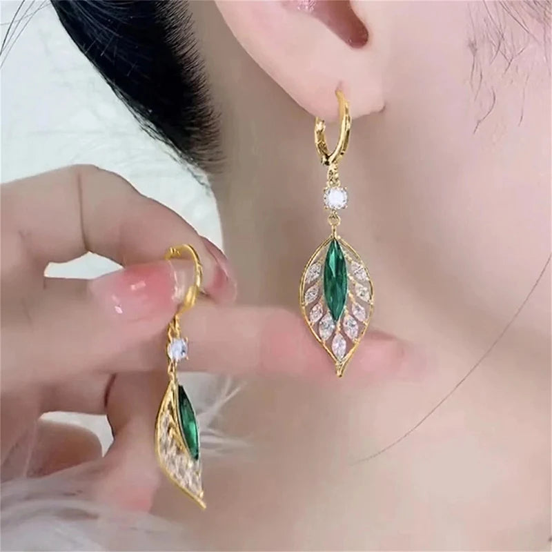 Chic Aesthetic Leaf Pendant Earrings for Women Bright Zirconia Jewelry for Anniversary Fashion Lady Statement Accessories - EUFASHIONBAGS