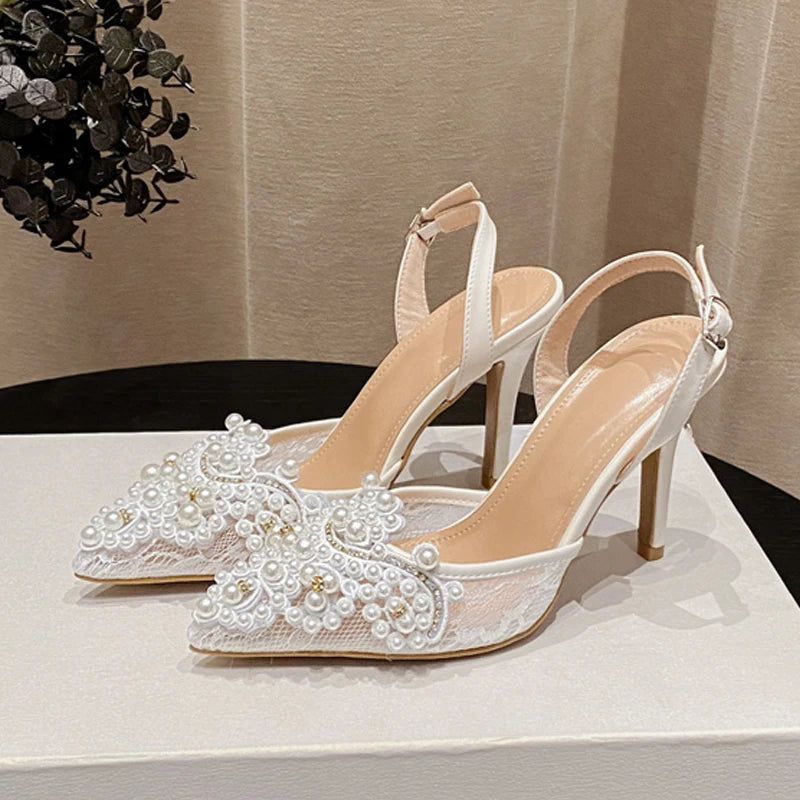 Summer Fashion White Pearl Designer Sandals Women Pumps Hollow Out Mesh Pointed Toe Mules High Heels Wedding Prom Shoes - EUFASHIONBAGS