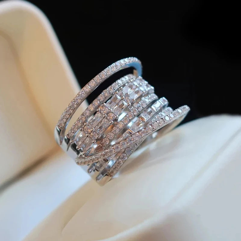 Fashion Multilayered Shiny Zirconia Ring Luxury Female Wedding Party Jewelry Gorgeous Wide Finger Accessories for Women