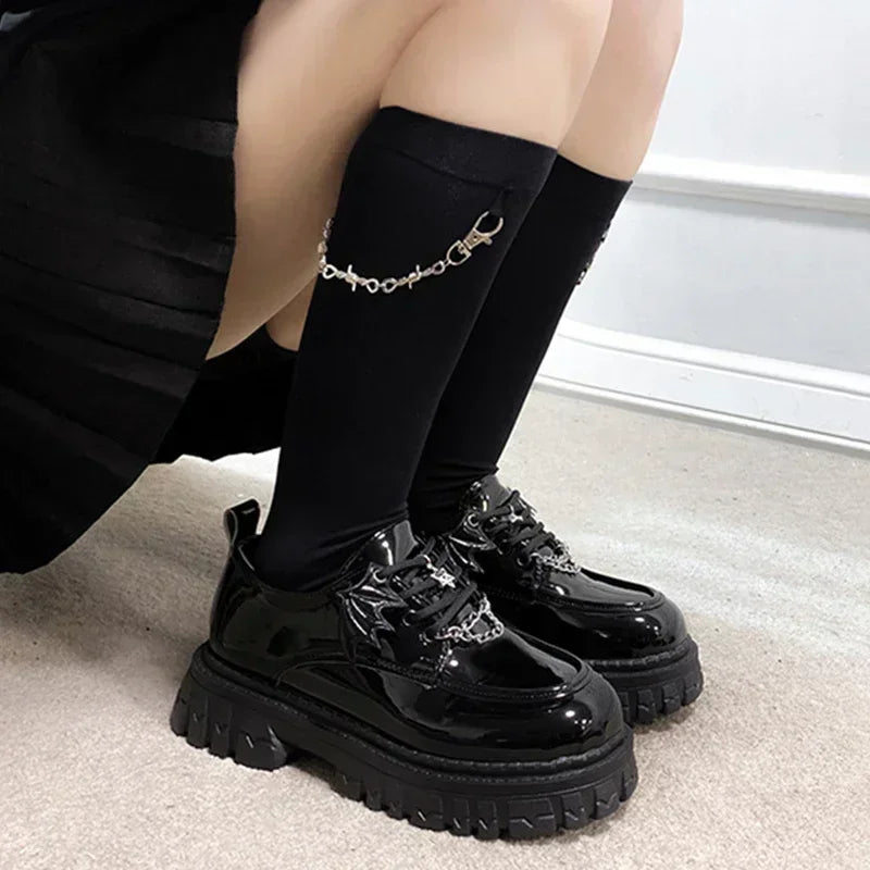 Metal Chain Gothic Platform Shoes Women College Style Wing Footwear Ladies Casual Comfort Mary Jane Fashion Non-slip Loafer Shoe