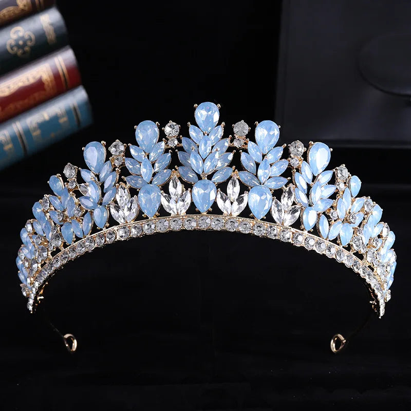 Luxury Blue Opal Crystal Flowers Water Drop Tiaras Crowns Women Headbands Wedding Party Elegant Pageant Diadem Hair Accessories - EUFASHIONBAGS