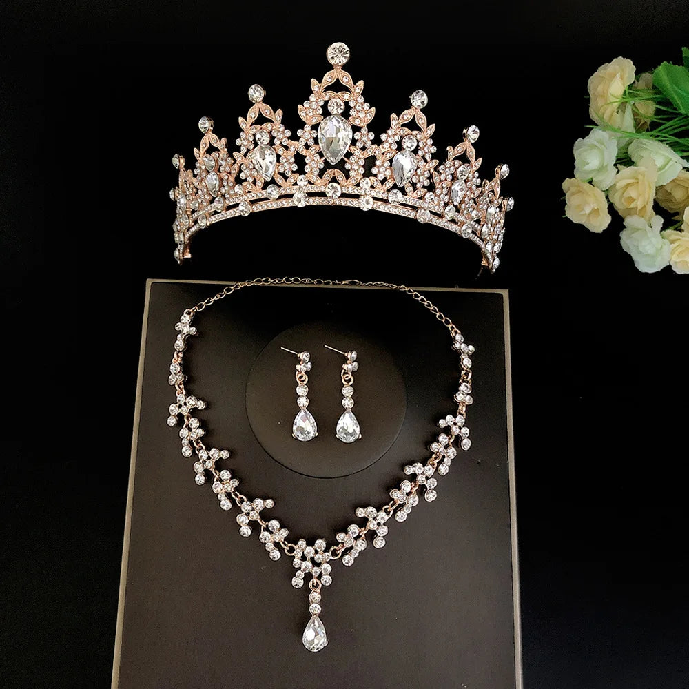 Fashion Crystal Tiaras Crowns Bride Wedding Jewelry Set Rhinestone Crown Necklace Earring For Women Accessories Diadem Headdress - EUFASHIONBAGS