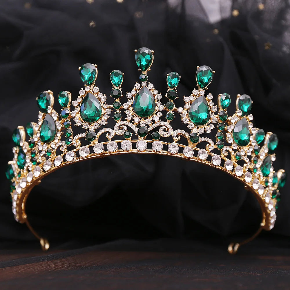 Luxury Green Color Crystal Wedding Crown Bridal Hair Accessories Women Baroque Crown Rhinestones Tiaras Bride Queen Party Crowns - EUFASHIONBAGS