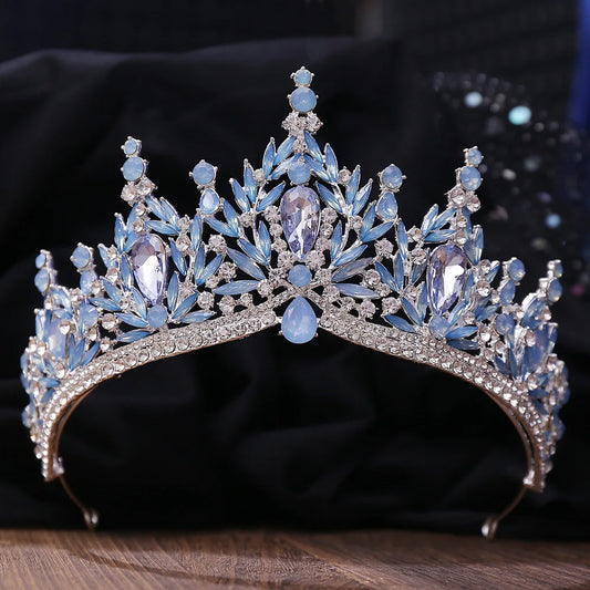 Baroque Silver Color Blue Green Opal Crystal Wedding Crown Royal Queen Bridal Tiaras Rhinestone Pageant Diadem Head Accessories