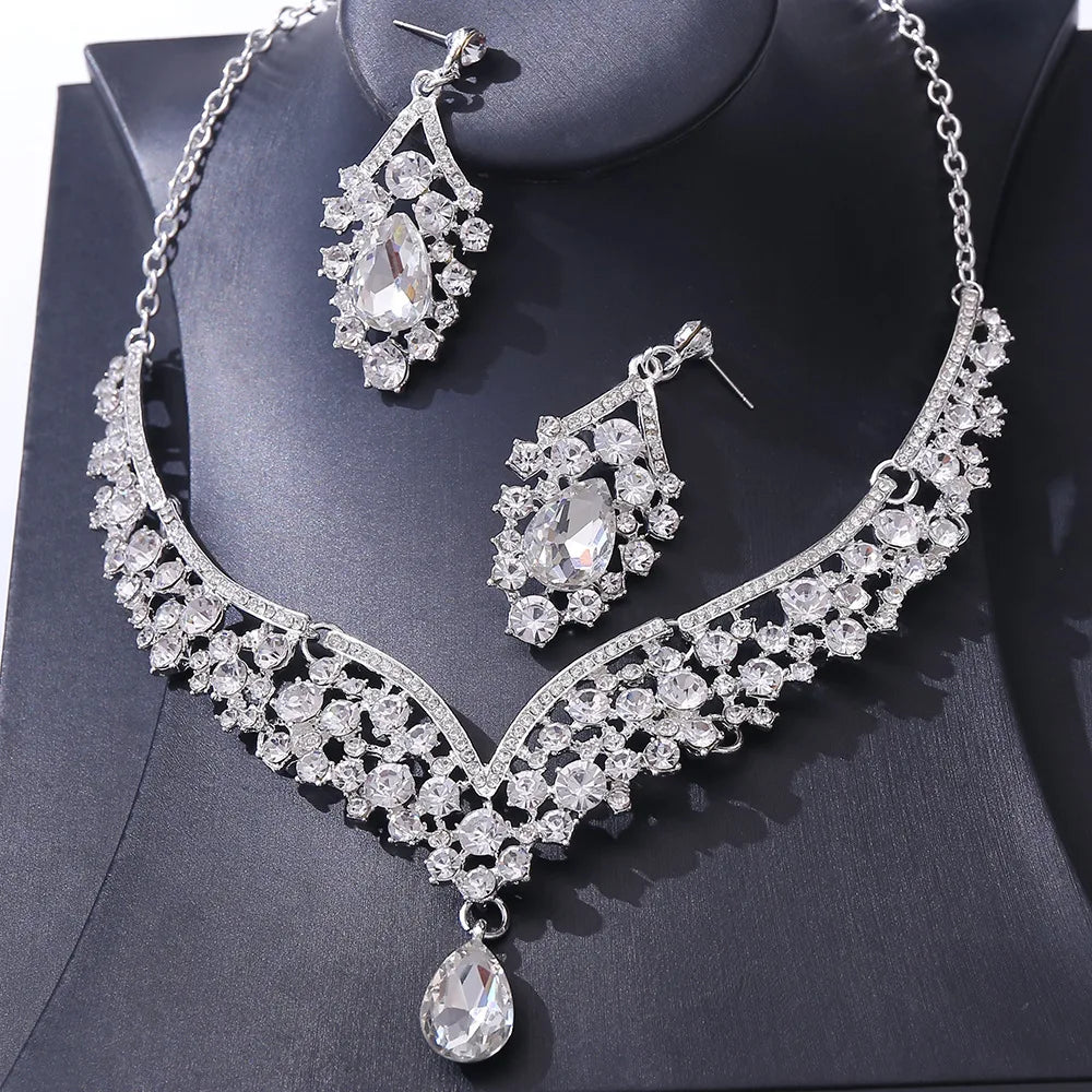 Exquisite Luxury Water Drop Crystal Bridal Jewelry Sets for Women Chokers Necklace Earrings Set Wedding Dress Dubai Jewelry Set - EUFASHIONBAGS