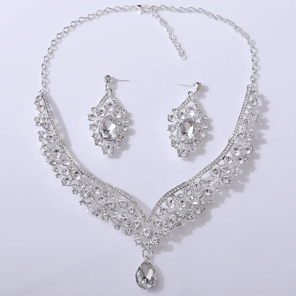 Exquisite Luxury Water Drop Crystal Bridal Jewelry Sets for Women Chokers Necklace Earrings Set Wedding Dress Dubai Jewelry Set - EUFASHIONBAGS