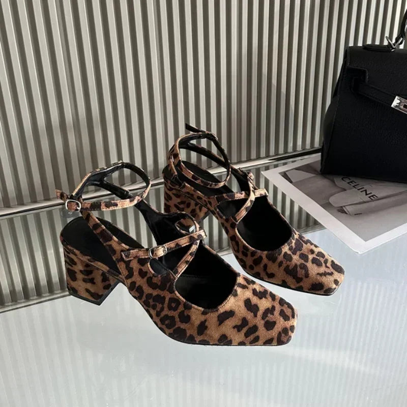 Mary Jane Shoes Women Cross Belt Buckle Fashion Chunky Slingback Shoes Leopard Elegance High Heeled Sandals Women