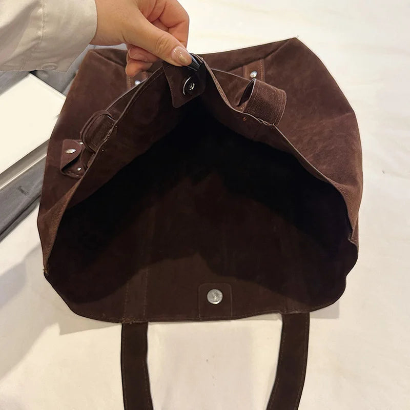 Nubuck Leather Tote Bags Lady Shoulder Bag for Women Winter New Fashion Retro Rivent Handbags and Purses - EUFASHIONBAGS