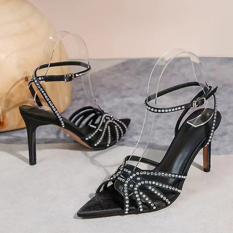 Fashion Sequined Crystal Women Sandals Pointed Open Toe Gladiator High Heels Party Dress Shoes Sandalias Mujer - EUFASHIONBAGS