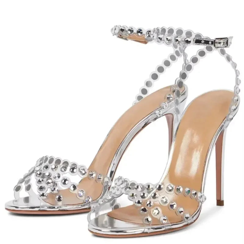 Transparent Rhinestone Thin High Heels Women Open Toe Sexy Crystal Party Shoes Female Ankle Strap Luxury Designer Sandals Women