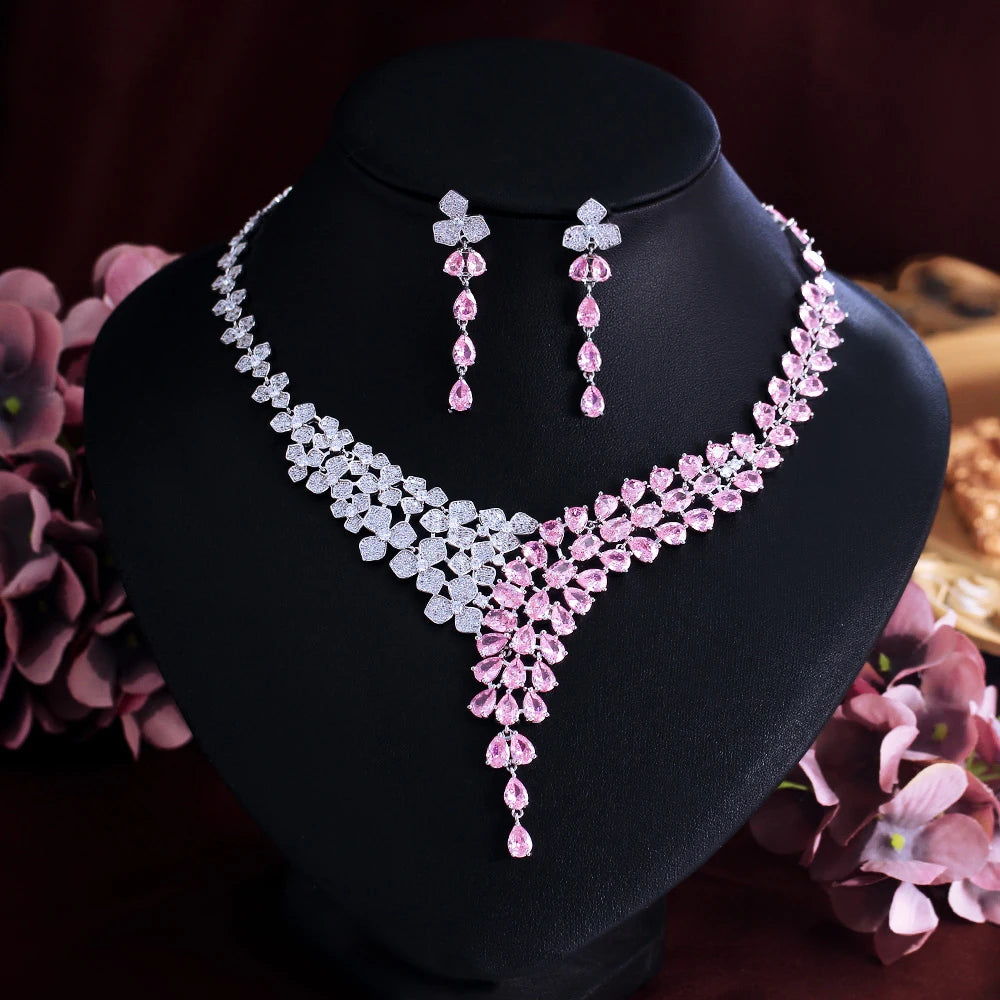 Flower Leaf and Pink Water Drop Cubic Zirconia Luxury Big Necklace Bridal Jewelry Sets for Wedding - EUFASHIONBAGS