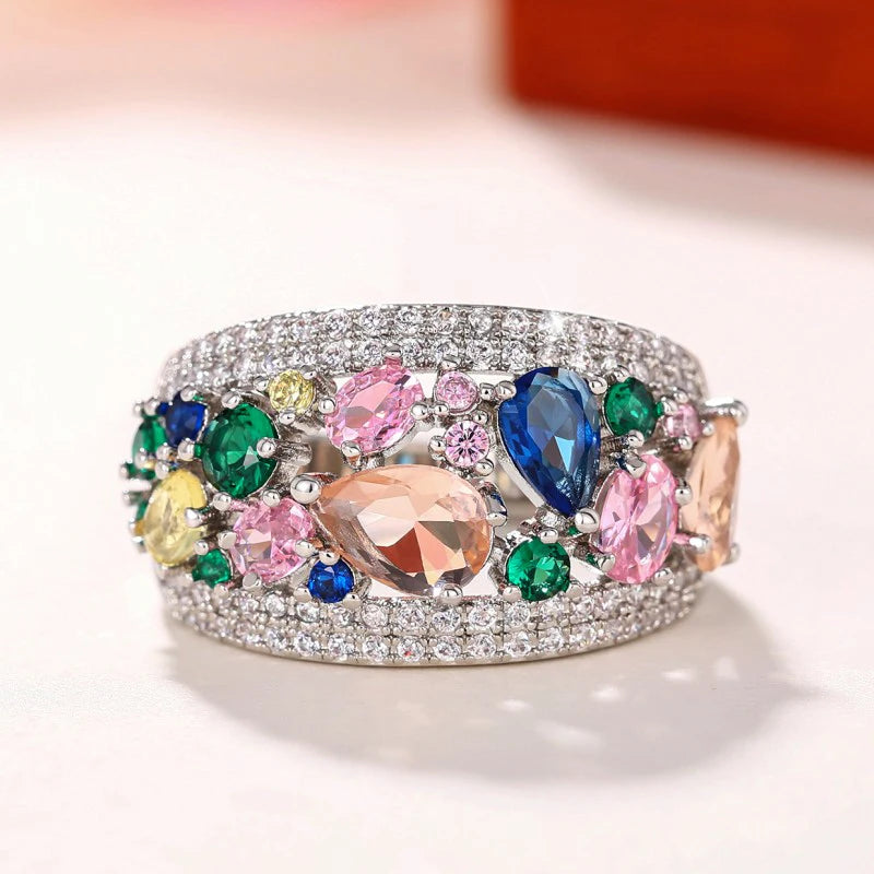 Rainbow Color Cubic Zirconia Rings Women New Wedding Accessories Luxury Trendy Female Rings Party Statement Jewelry - EUFASHIONBAGS