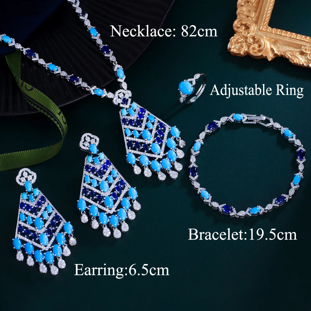 4pcs Elegant Blue Cubic Zirconia Dangling Drop Tassel Long Necklace Women Wedding Party Dubai Bridal Jewelry Set - EUFASHIONBAGS