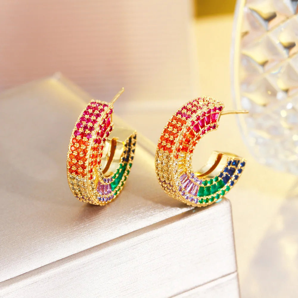 Luxury Half Round C Shape Multicolor Rainbow CZ Women Hoop Earrings Gold Plated Heavy Cubic Zirconia Jewelry - EUFASHIONBAGS