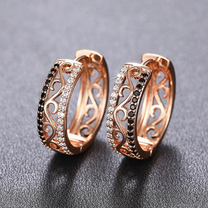 White/Black CZ Rose Gold Color Hoop Earrings for Women Hollow Out Pattern Aesthetic Female Earrings Wedding Trend Jewelry - EUFASHIONBAGS