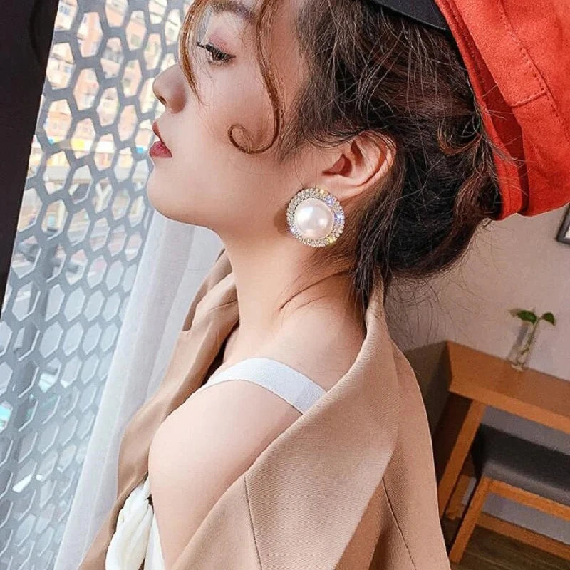 Hyperbole Gorgeous Stud Earrings Luxury Lady Shinning CZ Jewelry for Wedding Party Delicate Simulated Pearl Accessories - EUFASHIONBAGS