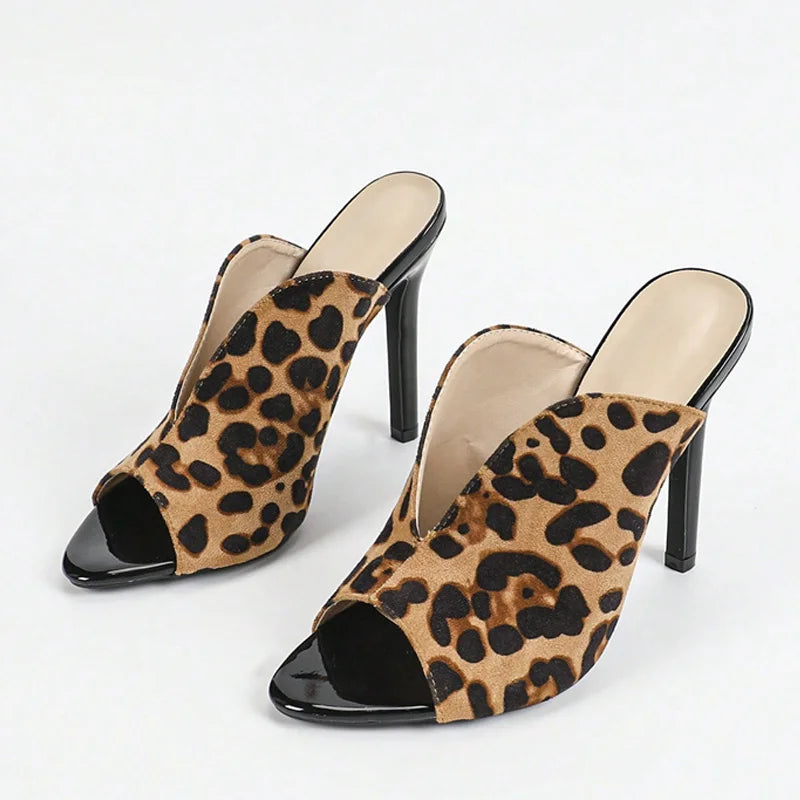 Sexy Leopard Print Women Slippers V-Strap Shallow Peep Toe Thin High Heels Sandal Summer Party Banquet Shoes Zapatos Mujer - EUFASHIONBAGS