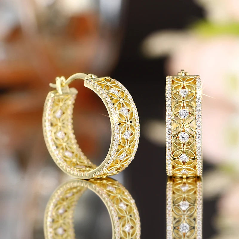 Aesthetic  Delicate Hoop Earrings Hollow-out Design Gold Color Shiny Zirconia Jewelry Graceful Engagement Accessories