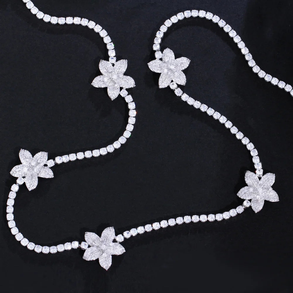 Chic Round Gorgeous Cubic Zirconia Flower Link Long Sweater Tennis Necklace for Women Bridal Party Accessories - EUFASHIONBAGS