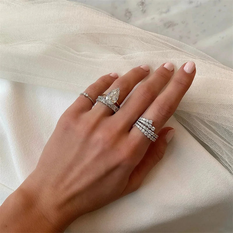 Simple Stylish Lines Cubic Zirconia Rings Women Silver Color Band Bridal Wedding Accessories Modern Jewelry for Party New