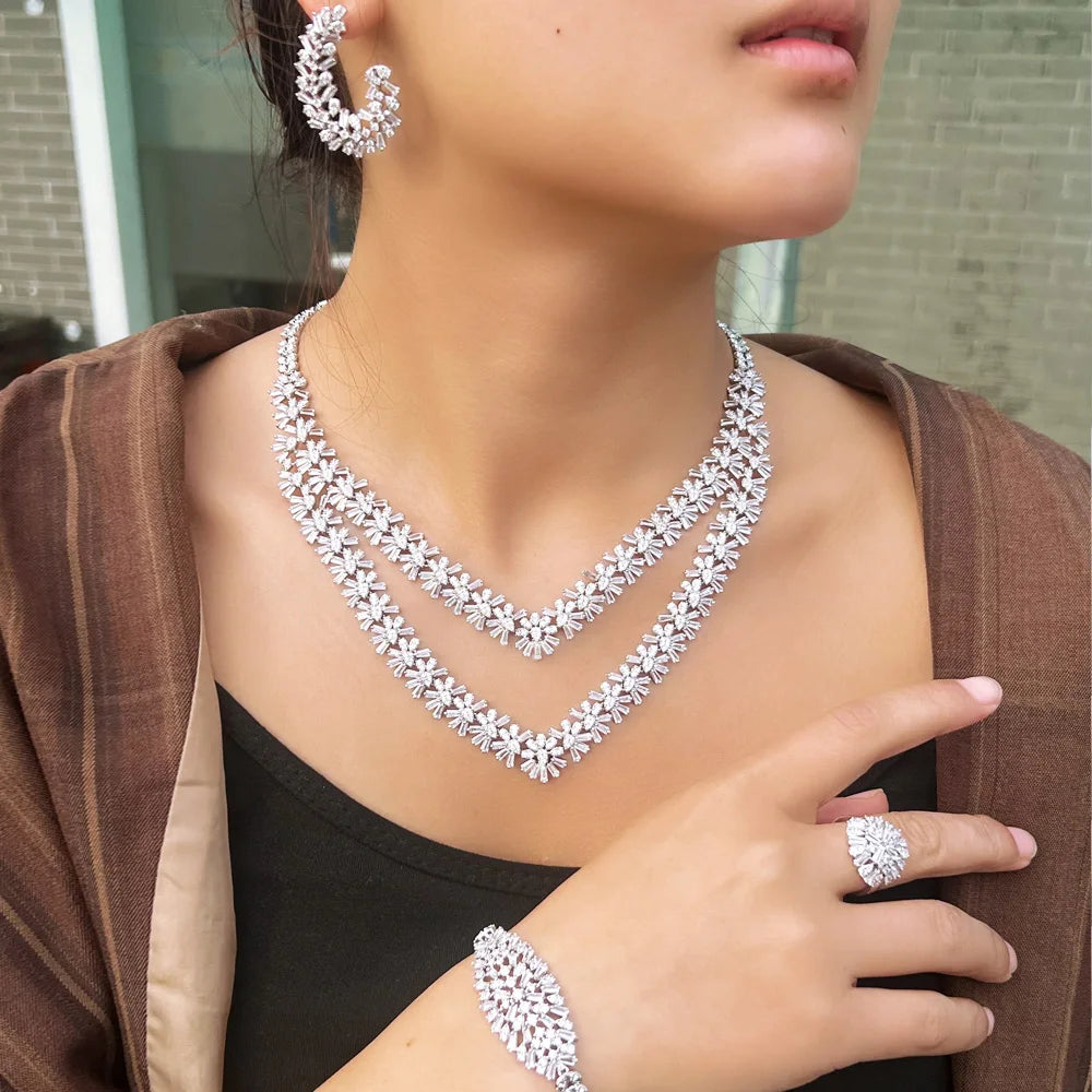 4 Pcs Sparkling Cubic Zirconia Big Two Layered Necklace Wedding Bridal Festive Dubai Jewelry Sets for Women - EUFASHIONBAGS