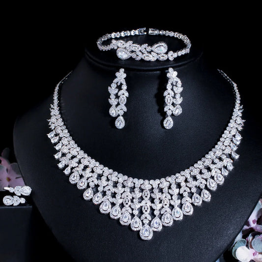 Super Luxury Tassel Leaf Drop Big Chunky Wedding Necklace Dubai White Gold Plated 4pcs Jewelry Sets for Brides T647