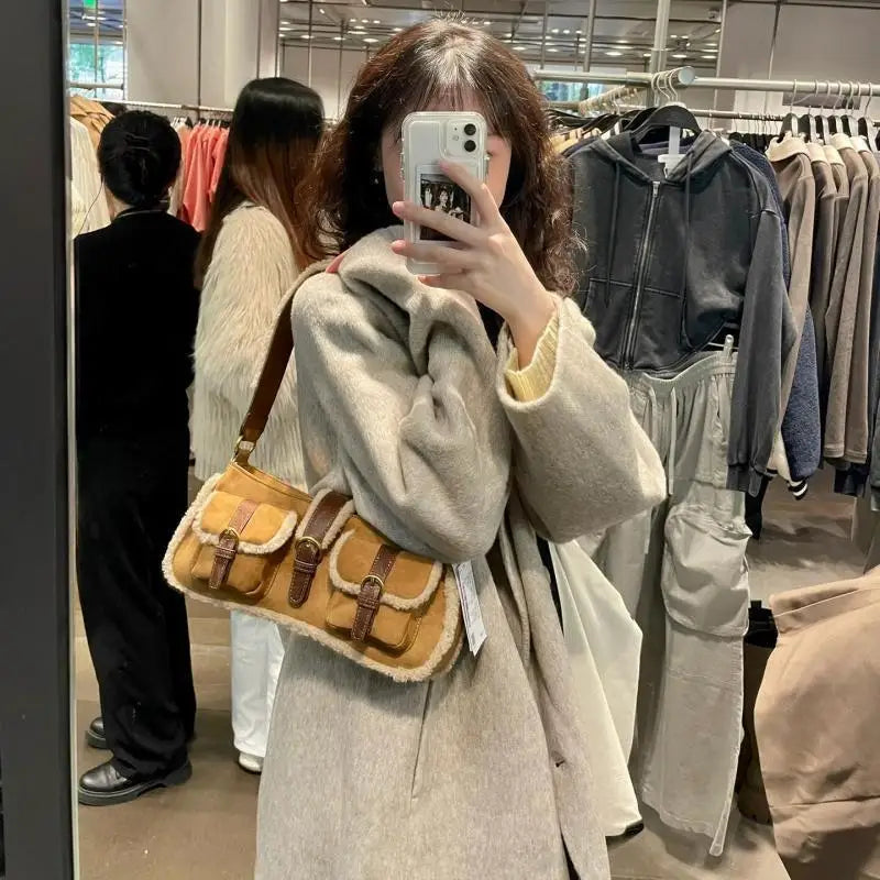 Retro Lamb Patchwork Brown Shoulder Bag Women Vintage Pocket Chic Y2k Handbag Female Hot Girls Casual Bag - EUFASHIONBAGS