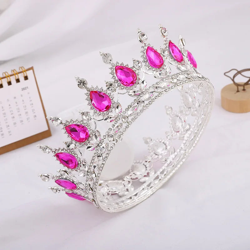 Bride Royal Pink Crystal Queen King Tiaras Baroque Round Crowns Big Rhinestone Pageant Diadem Headband Wedding Hair Accessories - EUFASHIONBAGS