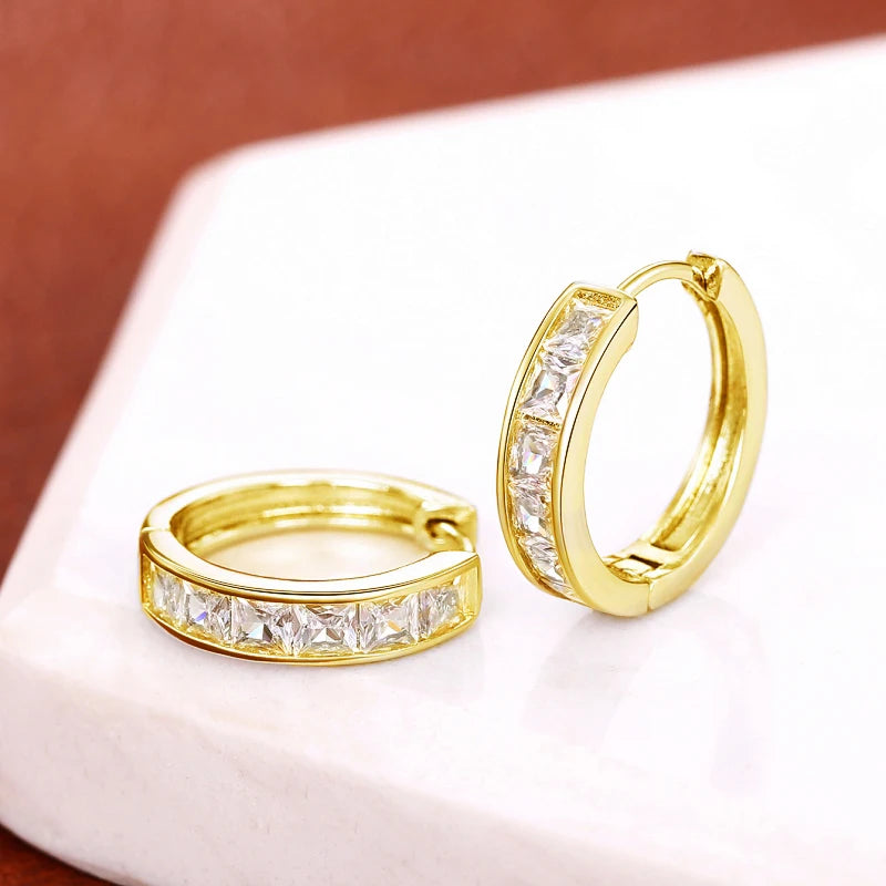 Classic Design Women Hoop Earrings Full with Princess Square CZ Simple and Elegant Female Accessories Versatile Jewelry