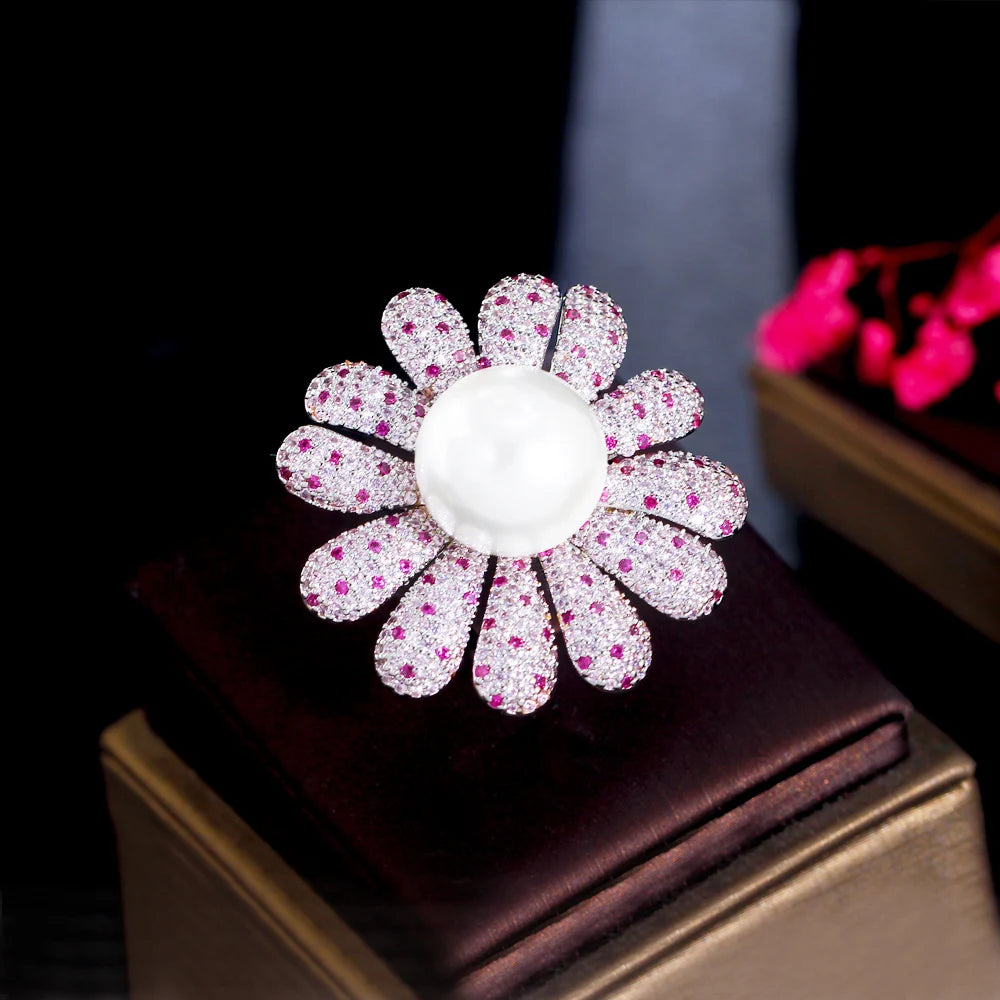 Micro Pave Pink Red Cubic Zirconia Stone Super Luxury Statement Big Flower Chunky Rings for Wedding Bridal Party