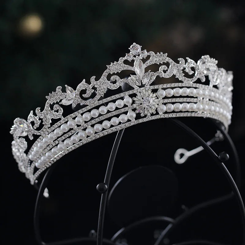 Luxury Silver Color Crystal Pearls Bridal Tiaras Crown Rhinestone Pageant Diadem Baroque Leaf Headbands Wedding Hair Accessories - EUFASHIONBAGS