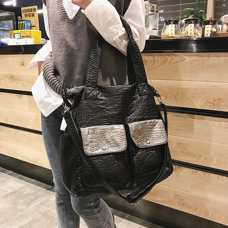 Big Soft Leather Women Bag Large Shoulder Shopper Tote Black Crocodile Crossbody Handbag Casual Female Travel Hobo Bag - EUFASHIONBAGS