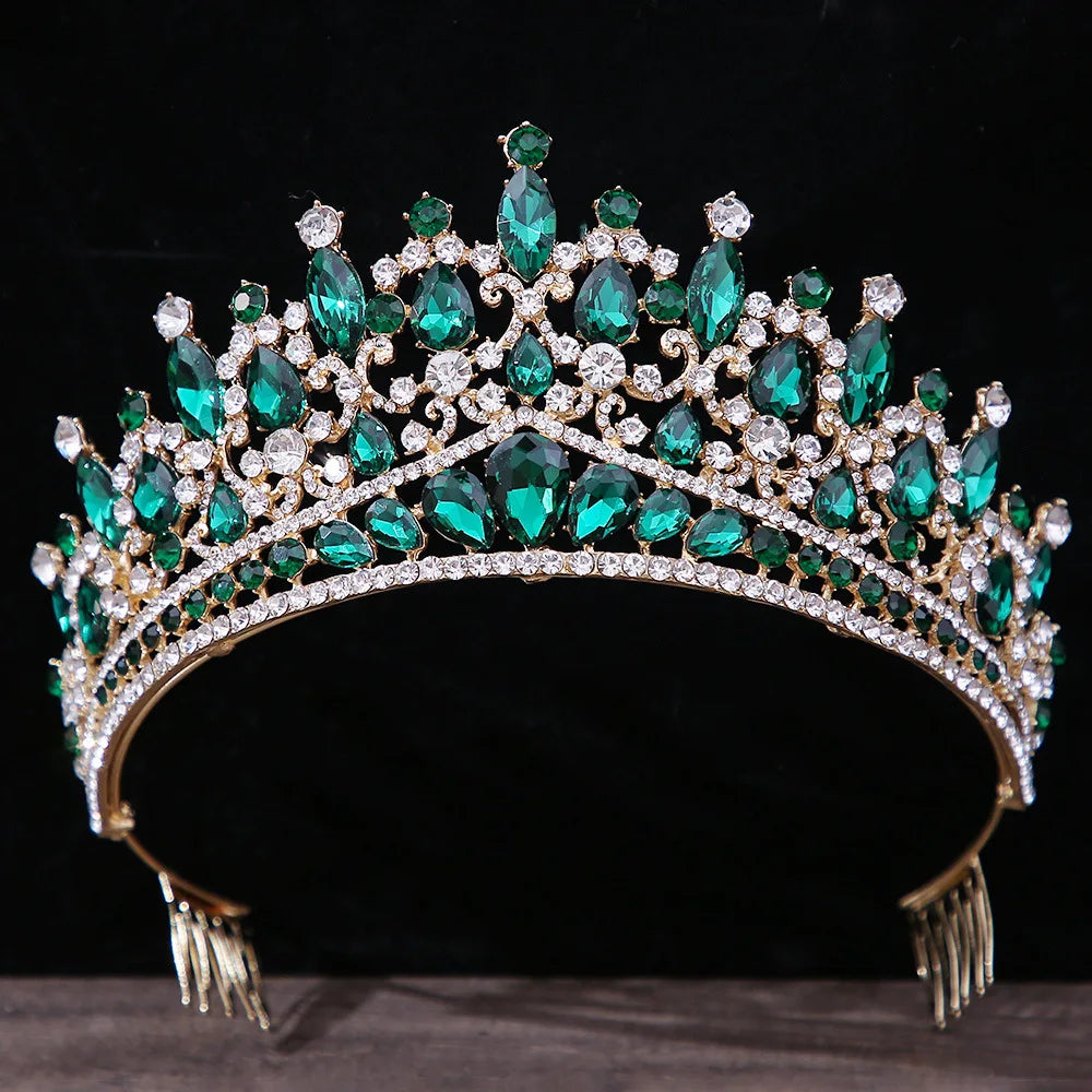 Luxury Green Color Crystal Wedding Crown Bridal Hair Accessories Women Baroque Crown Rhinestones Tiaras Bride Queen Party Crowns - EUFASHIONBAGS