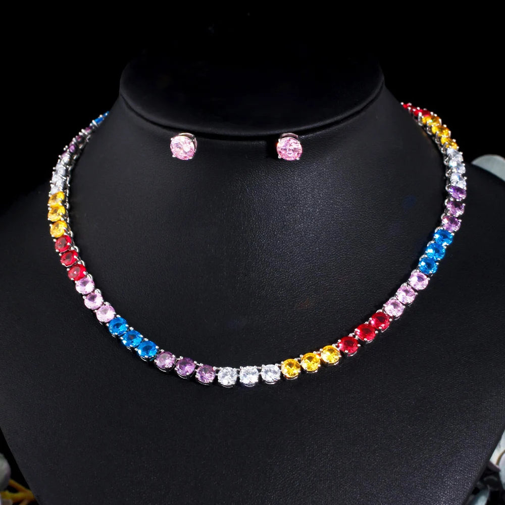 Iced Out Cubic Zircon Shiny Round Colorful CZ Stone Tennis Chain Necklace and Earrings Women Party Jewelry Sets T645 - EUFASHIONBAGS