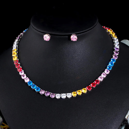 Iced Out Cubic Zircon Shiny Round Colorful CZ Stone Tennis Chain Necklace and Earrings Women Party Jewelry Sets T645