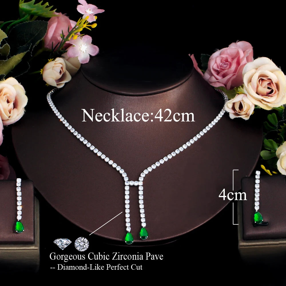 Simple Fashion Dangling Drop Green Cubic Zirconia Women Party Wedding Necklace Jewelry Sets for Brides Accessory - EUFASHIONBAGS