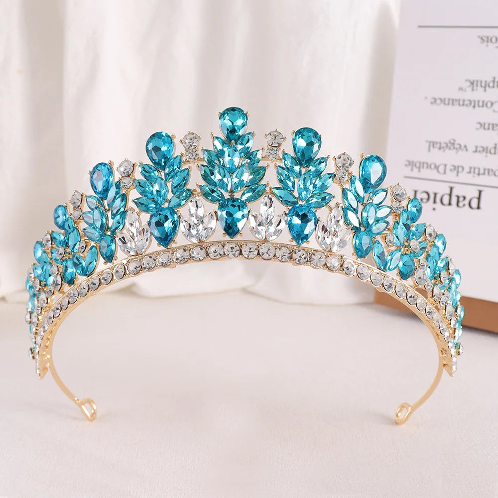 Luxury Blue Opal Crystal Flowers Water Drop Tiaras Crowns Women Headbands Wedding Party Elegant Pageant Diadem Hair Accessories - EUFASHIONBAGS