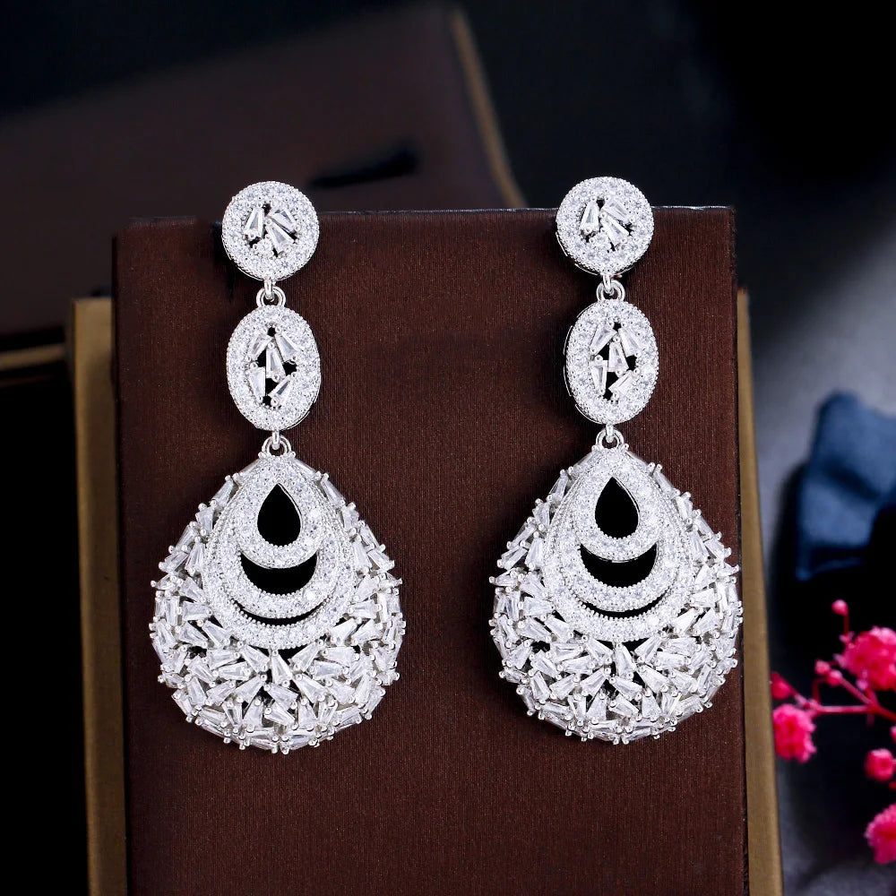 Multiple Clear White Water Drop Cubic Zircon Dangly Long Women Wedding Pageant Earrings for Brides Accessories - EUFASHIONBAGS