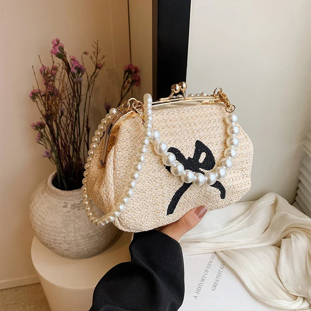 Summer Straw Beach Bag Women Bow Shoulder Bags Fashion Pearl Chain Clutch Handbag Purses Luxury Hand Bag Crossbody Bag for Women - EUFASHIONBAGS